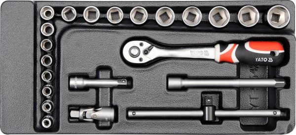 Instrumentu ratiņu ieliktņi - Ieliktnis instrumentu ratiņiem | muciņu komplekts ar sprūdrata atslēgu | 3/8" | 25.vienības - YT-5542 - E-instrumenti.lv